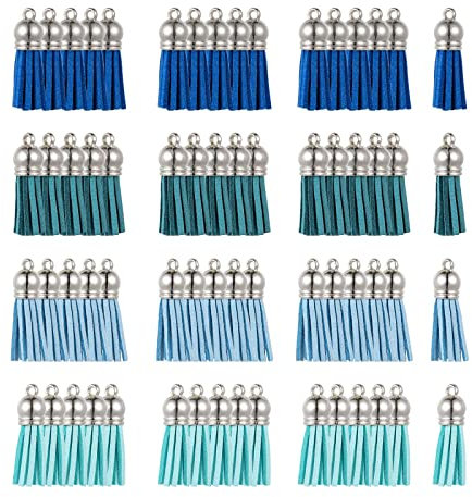 BEEFLYING 60 Stück Blau Faux Wildleder Quaste Anhänger Dekorationen Retro Charm Mit Platin CCB Kunststoff Schnurenden Für DIY Armband Ohrring Schmuckherstellung Handwerk Zubehör