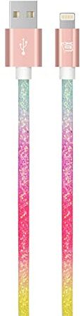 LAX Gadgets USB A to Lightning Cable - Glitter Apple MFI Certified for iPhone, iPad, iPod - Durable Nylon Braided Fast Charging - High Data Sync - 6 Feet - Rainbow (GLMFI6BOW)