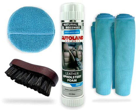Rocket Auto Lederpflege Set 5-teilig | Auto Leder reinigen | Lederpflegeschaum mit Bienenwachs - Lederbürste - Pocket Pad - Mikrofasertücher (Lederpflegeschaum Autoland Car Care 400ml)