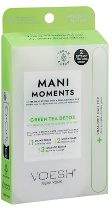 VOESH Mani Moments Green Tea Detox – 3 - Schritte Maniküre mit Nagelfeile - Zuckerpeeling, Crememaske & Massagebutter - Enthält 2 Sets