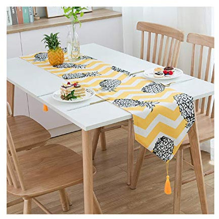 EHOMERY Tischband Baumwolle, Gelb Weiß Grau Buch Tischläufer Ozeanwellen Ananas Tischläufer Polyester 33x270CM