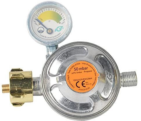 KAGM Druckregler mit Manometer 50mbar 1,5kg/h, für Flüssiggasflaschen bis 11kg, für Gasgrill, Heizstrahler, Hockerkocher, Gaskocher etc