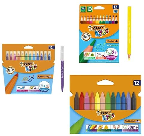 BIC Kids Stifte Set: 12 ECOlutions Evolution Buntstifte, 12 Kid Couleur XL Filzstifte und 12 Wachmalkreiden