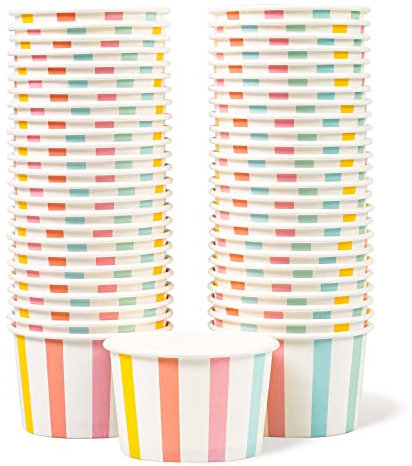 Paper Ice Cream Tubs and Soup Bowls, 50-Count, 163 ml, Sundae Stripes, Hot/Cold Paper Snack Cups, Disposable Ice Cream Cups, Soup Bowls