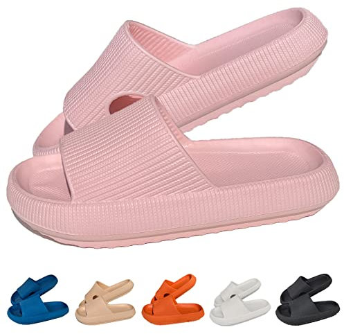 HOPEME Cloud Sliders Women Men Cushiony Slippers with Thick Outsole, Anti-Slip and Waterproof Pillow Sliders for Bathroom, Pool and Outdoor, Pink 5.5-6.5