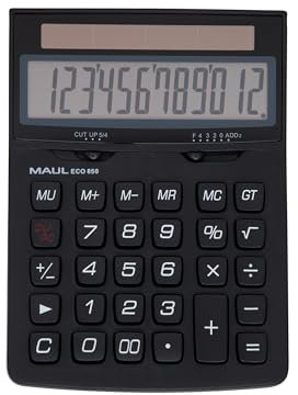 MAUL Tischrechner ECO 850 | umweltfreundlicher Solar Rechner mit 12 Stellen | Blauer Engel/uz116 | Tischrechner für Büro, Schreibtisch, Schule | 80% recycelter Kunststoff | Schwarz
