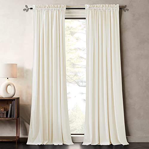 Pony Dance Weiße Samtvorhänge, 213,4 cm, schalldichte Vorhänge und Vorhänge für Wohnzimmer, extra breite Stangentaschen, Fenstervorhänge für Schlafzimmer, Set mit 2 Paneelen, Wollweiß