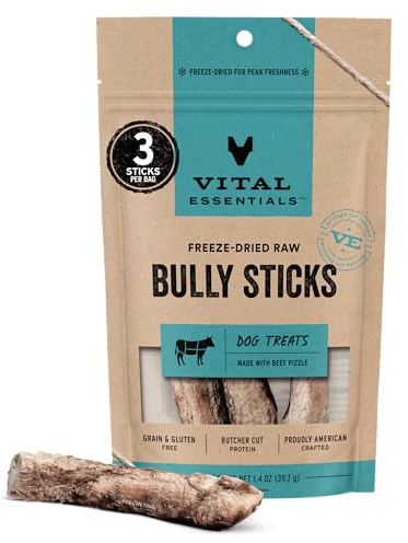 Vital Essentials Freeze Dried Bully Sticks Dog Treats | Premium Quality, Long Lasting | Grain Free Treats for Dogs, (3 Count) 1.4 oz Bag