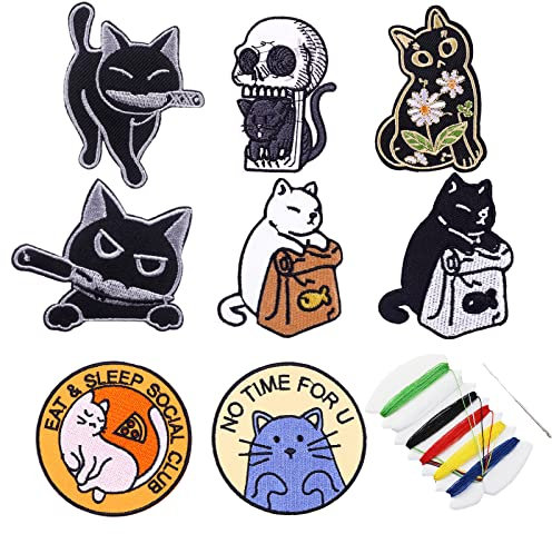 Packung Mit 8 Patches Katzen Stickerei Peace Was Never An Option AufnäHer Kinder Flicken Zum AufbüGeln FüR Kinder Diy Patch FüR Kinder, Jungen, MäDchen, FüR Jacken, Jeans, RucksäCke, Mit NäHzeug