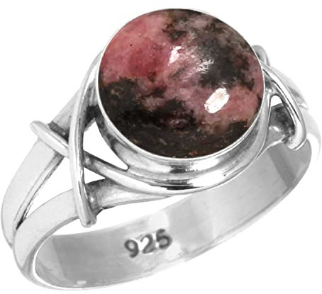 Jeweloporium Real Rosa Rhodonit in schwarzem Mangan 925 Silber Ringe für Damen Edelstein Handgefertigt Silber Ringe Größe 56(17.8) Halloween Geschenk Cocktail Schmuck