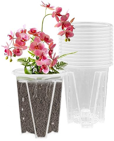Vaso per Orchidee - Set 12 Pezzi Con Fori Drenaggio, Trasparente in Plastica Diametro 12CM, per Giardino Balcone Interni Esterni