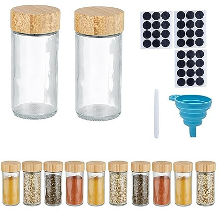 Relaxdays Gewürzgläser 12er Set, Streueinsatz, Gewürzdosen mit Etiketten, HxD: 9,5 x 4,5 cm, Bambus, transparent/natur