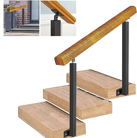 Handlauf aus Holz für Treppen, Innen- und Außenstufen, Seitenwände, passend für 2 oder 3 Stufen, Treppengeländer-Stützsatz mit verstellbaren 270°-Halterungen, schmiedeeiserne Pfosten für die Veranda (