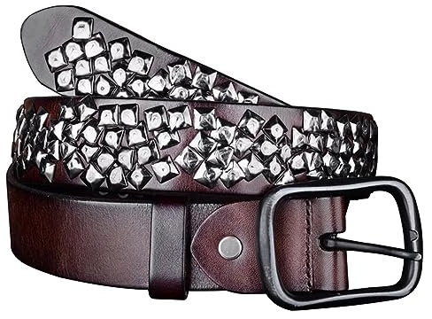 Surrycee Echtleder-Nietengürtel, Metall-Punk-Rock-Gothic-Nietengürtel mit Hellen Pyramidennieten für Männer und Frauen, 38 mm breit,Kaffee,105cm/waist:34~36