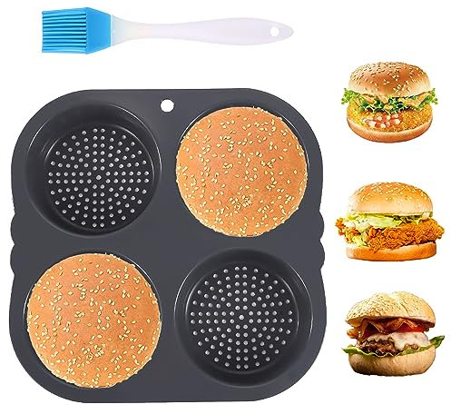 Molde para panecillos de Hamburguesas,Molde de Silicona para Hornear,Moldes Perforados de Silicona con Revestimiento Antiadherente,Molde para Hornear Forma Redonda con Pincel para Pastel Panecillos(4)