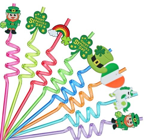 Ynaice 8 Stück Wiederverwendbare Trinkhalme, St. Patrick's Day Party Strohhalme Saint Patricks Day Deko Shamrock Kleeblatt Plastik Strohhalme Irische Feste Partyzubehör