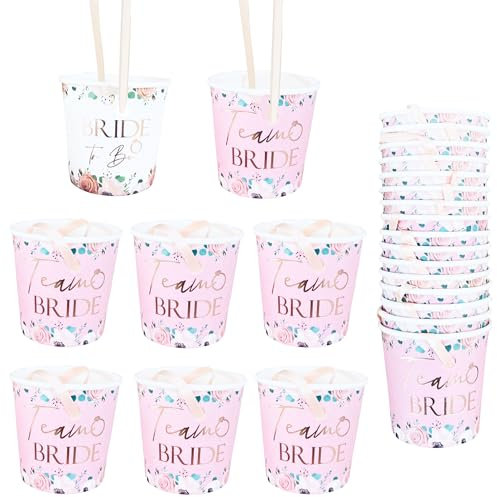 Blue Planet Fancy Dress 16x Team Bride, 1 Bride to Be Shot Glasses Light Pink Floral Rose Gold Paper Cups on Ribbon Necklace Hen Night Party Bachelorette Bridal Shower - Paper Cups