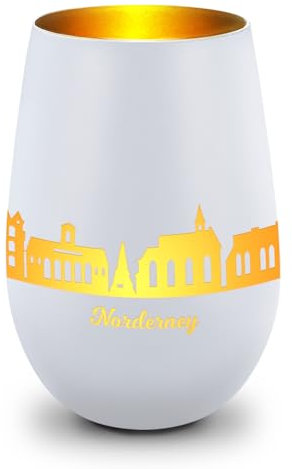 GRAVURZEILE Deko Windlicht aus Glas mit Gravur - Skyline Norderney - Hochwertige 360° Lasergravur - Dekoratives Geschenk als Andenken, Souvenir oder für Sammler zum Geburtstag - Farbe: Weiß/Gold