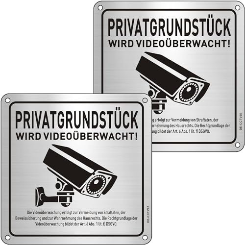 Privatgrundstück Videoüberwacht Schilder mit DSGVO Hinweis, 15×15cm Videoüberwachung Schild Alu mit Selbstklebend 2St