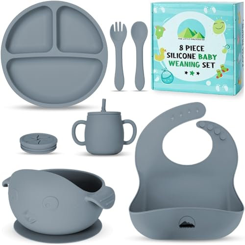 The Little Chiltern Co Baby Weaning Set - 8 Pcs Silicone Baby Feeding Set with Adjustable Bib, Suction Bowl & Plate, Cup, Fork & Spoon - Microwave & Dishwasher Safe - Self Eating Utensil Set (Grey)