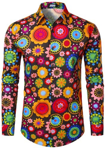 JOGAL Herren Regular Fit Floral Business Hemd Langarm Button Down Print Freizeithemd Schwarzer Blumenkreis Groß