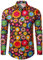 JOGAL Herren Regular Fit Floral Business Hemd Langarm Button Down Print Freizeithemd Schwarzer Blumenkreis Groß