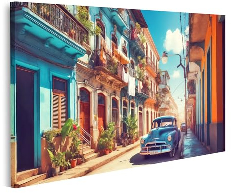 islandburner Bild auf Leinwand Bunte Gebäude und Oldtimer auf einer lebhaften Straße Havanna Kuba Bilder Wandbilder Poster