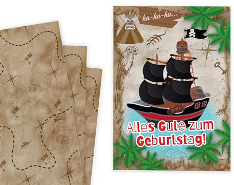 Set XXL A4 Glückwunschkarte zum Geburtstag mit 6 Geschenkpapier-Bögen (A3-Format) Geburtstagskarte Grußkarte Happy Birthday große Klappkarte für Jungs Piratenschiff Piraten