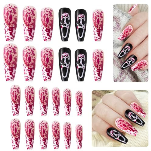CHEERYMAGIC Halloween Fake Nails, 24 Pcs Halloween Ballerina Press on Nails Acrylic Press on Nails No Glue Red Blood Drop Screech Face False Nails for Women Girls Nail Art Cosplay Decoration A6-DXJP