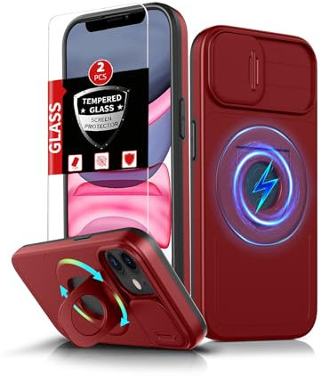 FRLMOOES pour iPhone 11 Coque Magnétique,pour iPhone XR Coque Compatible avec MagSafe Chargement sans Fil,avec 2 Trempé Protection,Cache Caméra intégré+Béquille Support,Absorbant de Choc Étui Rouge