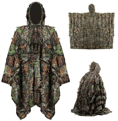 Obelunrp Ghillie Poncho, 120x160cm 3D Suit Ghillie feuillu, Costume de Chasse à Cape à Capuche, Manteau de Camouflage Thermique pour Le Cosplay d'halloween, Observation des Oiseaux