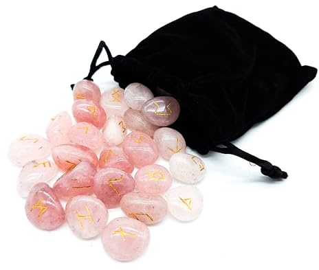 Set di pietre preziose con rune Elder Futhark, pietre curative in quarzo rosa, 25 pietre circa 20 mm in sacchetto di velluto | Mitologia vichinga, esoterismo, meditazione, magia (incisione dorata in