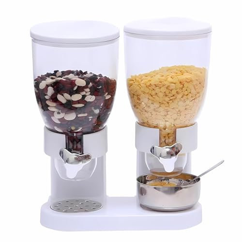 WODFARR Doppelter Müslispender, Duo Müslispender, Müslispender, Cornflakes Dispenser – Getreidebehälter, 2 Behälter (weiß)