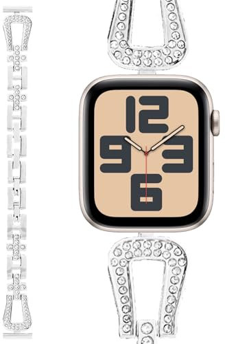 Efolen orologio bracciale U-buckle compatibile iWatch Apple Watch Series 10 9 8 7 6 5 4 3 2 1 SE Ultra, Diamond Matal Bracciale Cinturino Regolabile da donna per 38/40/41/42/44/45/46/49mm Silver-L