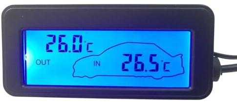 Thermomètre de Voiture Frfik - Thermomètre Intérieur et Extérieur, 7.6cm, LCD Numérique, 1 Pile LR1130, Rouge et Bleu