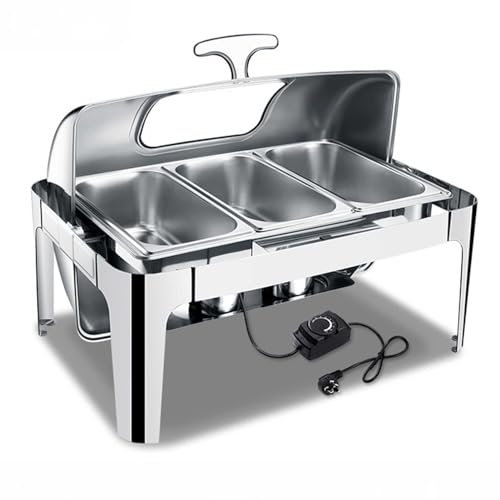 MYUYEE Catering-Isoliertablett tragbares Chafing-Dish-Buffet-Set mit Rolldeckel Speisenwärmer Catering-Tablett mit Deckel Brennstoffregal aus Edelstahl und,3 Gitter-Elektroheizung 13,5l