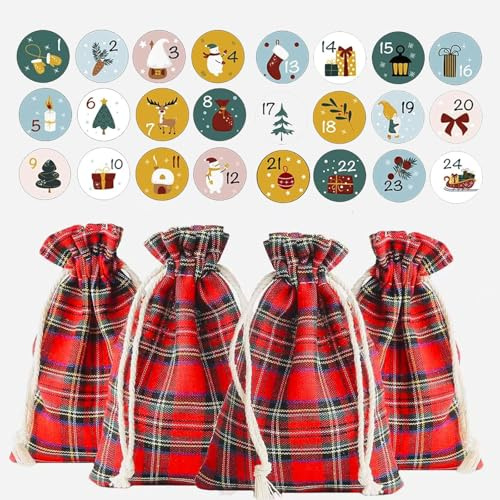 HERZWILD 24stk säckchen Kleine Beutel mit Kordelzug und adventskalender zahlen aufkleber baumwollsäckchen geschenksäckchen Jutebeutel für Weihnachten (10 * 14cm)
