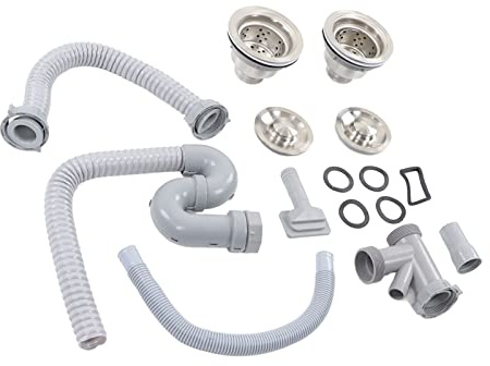 Ausla Lavello da con Tubo di Scarico, Acciaio Inossidabile e ABS, Set di Sifoni per Doppio Lavello a Drenaggio Rapido, Ideale per e Bagno