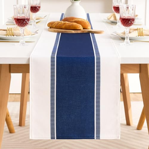 Tischläufer Modern Tischdeko, Tischdecke mit Blau Streifen 40x120 cm, Tischband Abwaschbar aus Baumwoll-Leinen-Stoff, Tisch Läufer Natur Elegant für Esszimmer Esstisch Beistelltisch