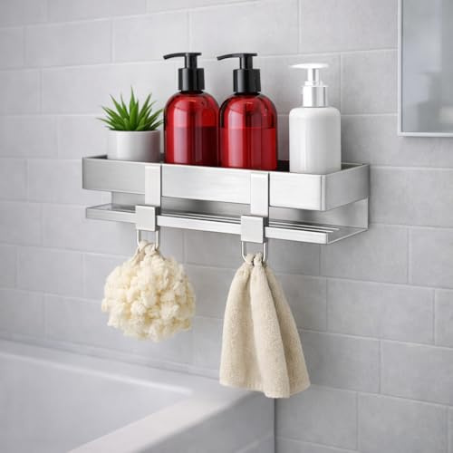 MandA - ESTANTERIA Baño SIN Tornillos + 2 Ganchos de Acero Inoxidable - Organizador Ducha SIN Taladro - Adhesivo – Baldas Pared sin Agujeros – Accesorios Modernos para Organizar y Decorar Estanterías