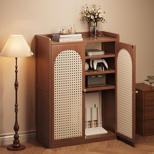 Mobile WiFi da terra con ante in rattan, contenitore multifunzione per router e modem, design ventilato con gestione ordinata dei cavi, ideale per ambienti domestici o uffici(Brown,59*25*82cm)