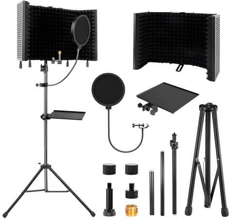 Insonorización De Micrófonos, 5 Paneles Pantalla Antiviento De Espuma Acústica Con 180cm Trípode Para Adaptadores De Micrófono De 9,5 mm A 16,5 mm Para Equipos De Grabación Y Estudio