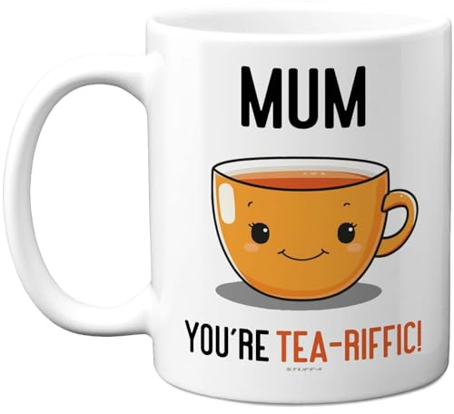 Stuff4 Mum Mug, You're Tea-riffic Slogan with Smiling Teacup | Bright Orange Gift for Mother's Day, 11oz Ceramic Gloss Mug