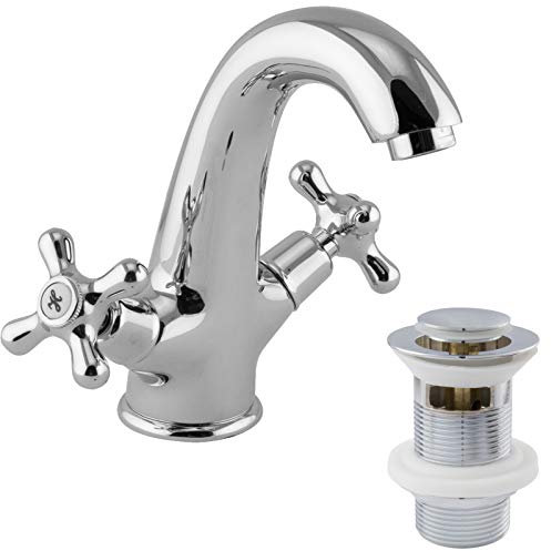 PaulGurkes Retro Waschtischarmatur Zweigriffmischer Aufputz Wasserhahn Mischbatterie Nostalgie Popup Excenter mit Überlauf