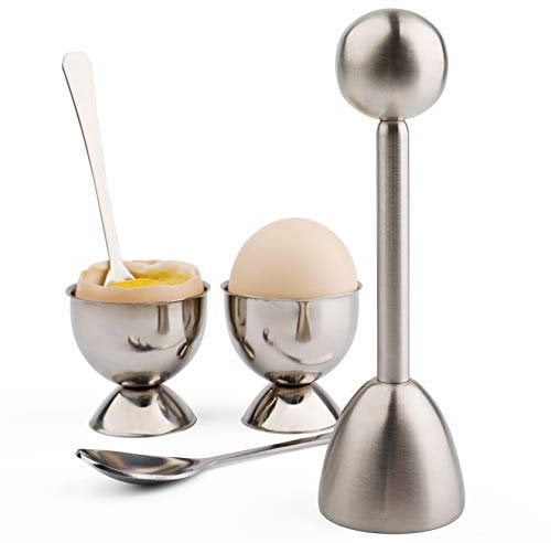 Eierknacker Topper Cutter Set für weich gekochte Eier - Edelstahl Shell Remover Separator mit 2 Tassen, 2 Löffeln, 1 Topper