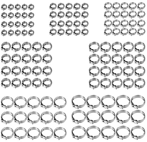 AMTOVL 130 Stück Schlauchschellen 7-21 mm Einohr-Schlauchschellen Sortiment 304 Edelstahl Cinch Klemmringe Rohrschellen