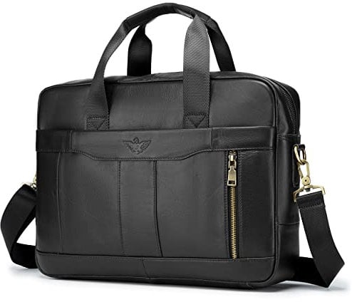 BAGZY Unisex Vintage Genuine Leather Laptop Briefcase for Mens Women Shoulder Bag Messenger Handbag Business Document Bag Satchel Rucksack 14 inches Laptop Bag for Office Work Travel College Coffee…
