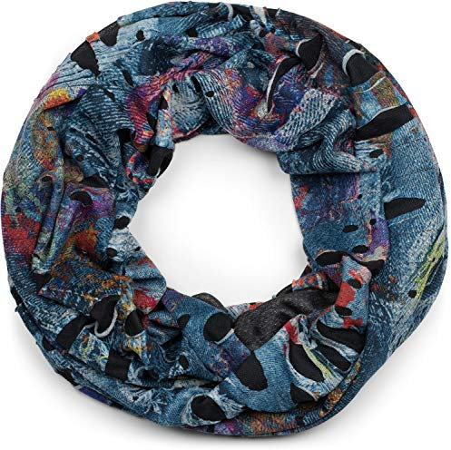 styleBREAKER Loop Schal im Splat Style mit Klecksen und Zeichen im Destroyed Vintage Look, Unisex 01016119, Farbe:Dunkelblau-Rot-Gelb