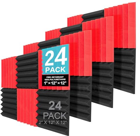 JBER 24 Pack Red and Charcoal Acoustic Panels Studio Foam Wedges Fireproof Soundproof Padding Black Wall Panels 2 X 12 X 12…