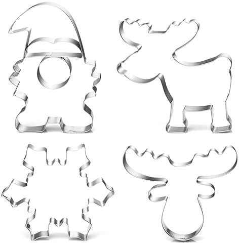 Moldes Galletas Navidad, 4PCS Cortadores Galletas Navidad, Acero Inoxidable Moldes Metal, Navidad con Forma de Gnomo, Copo de Nieve, Reno Cookie Cutter para Hornear